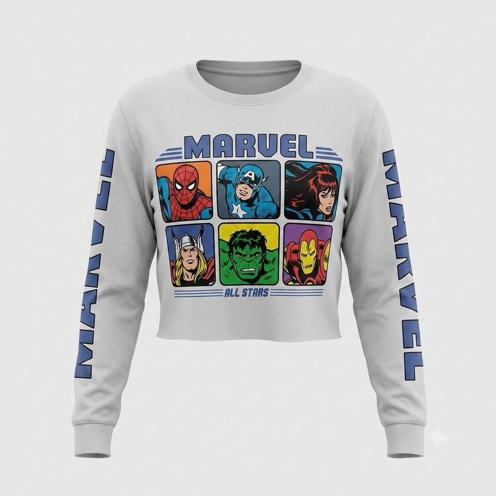 Marvel All Stars Graphic Crop Sweatshirt White Women's Size Medium Sleeve Logo